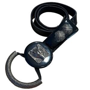 VTG Anthony Alexander Black Leather Silver Wolf Head Scoop Buckle Western Belt